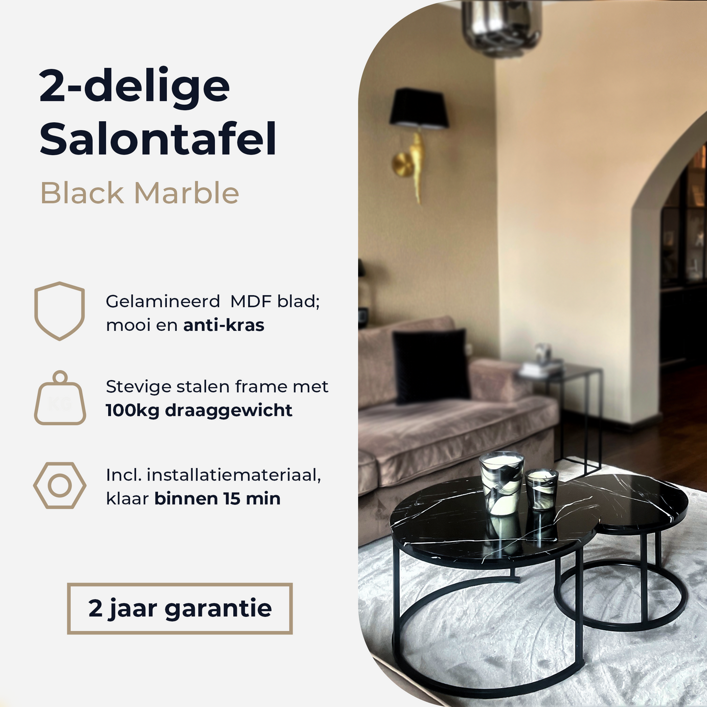 *Retour Artikel: Salontafel Zwart Marmer Print - Ø70 Ø50