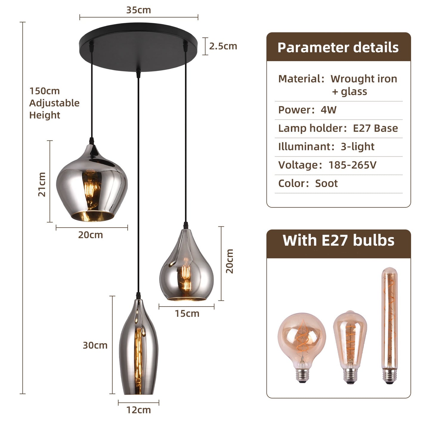 Smoke Glas Hanglamp 3 stuks - Druppel