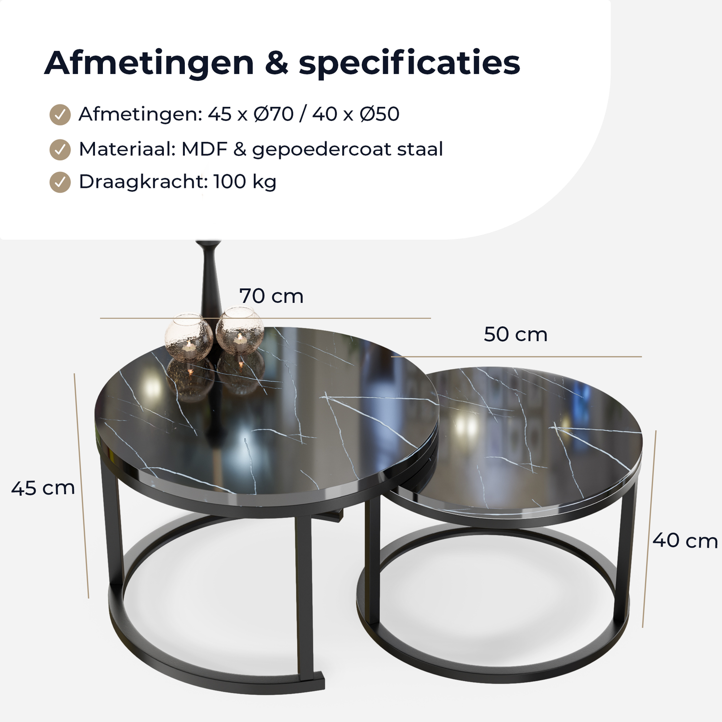 *Retour Artikel: Salontafel Zwart Marmer Print - Ø70 Ø50