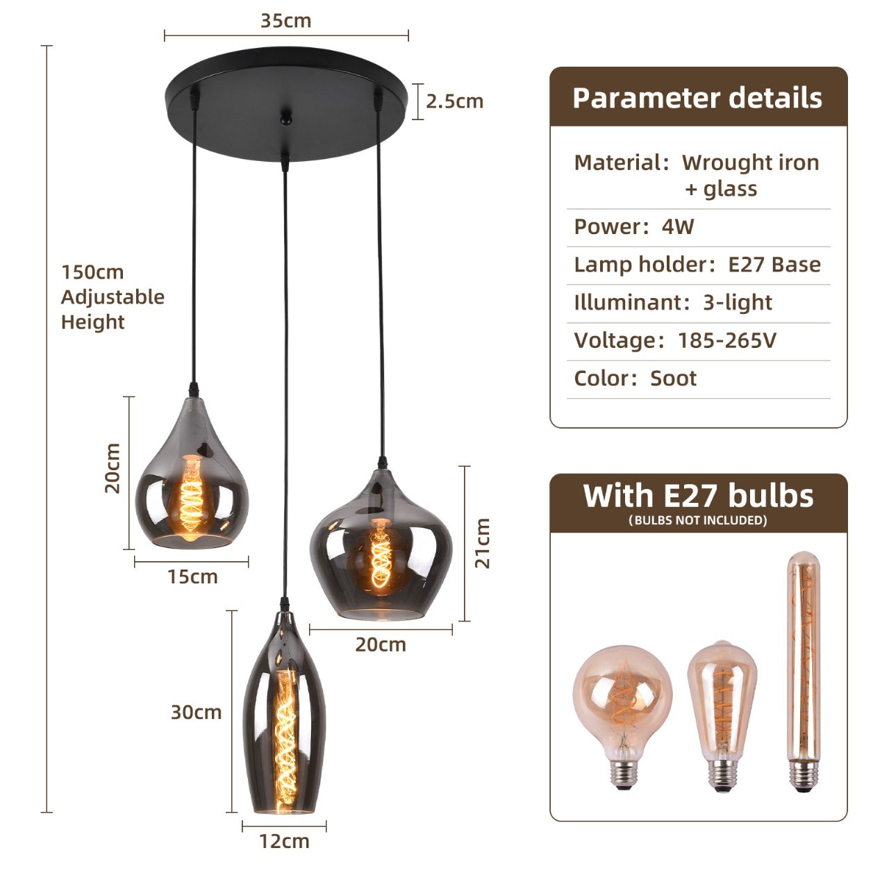 Smoke Glas Hanglamp 3 stuks - Druppel