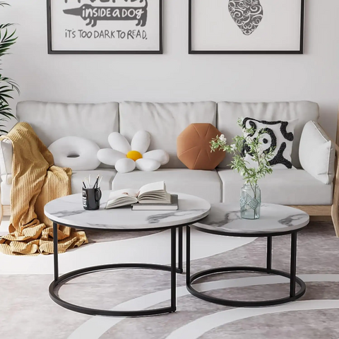 Salontafel Zwart Rond met Wit Marmer Look