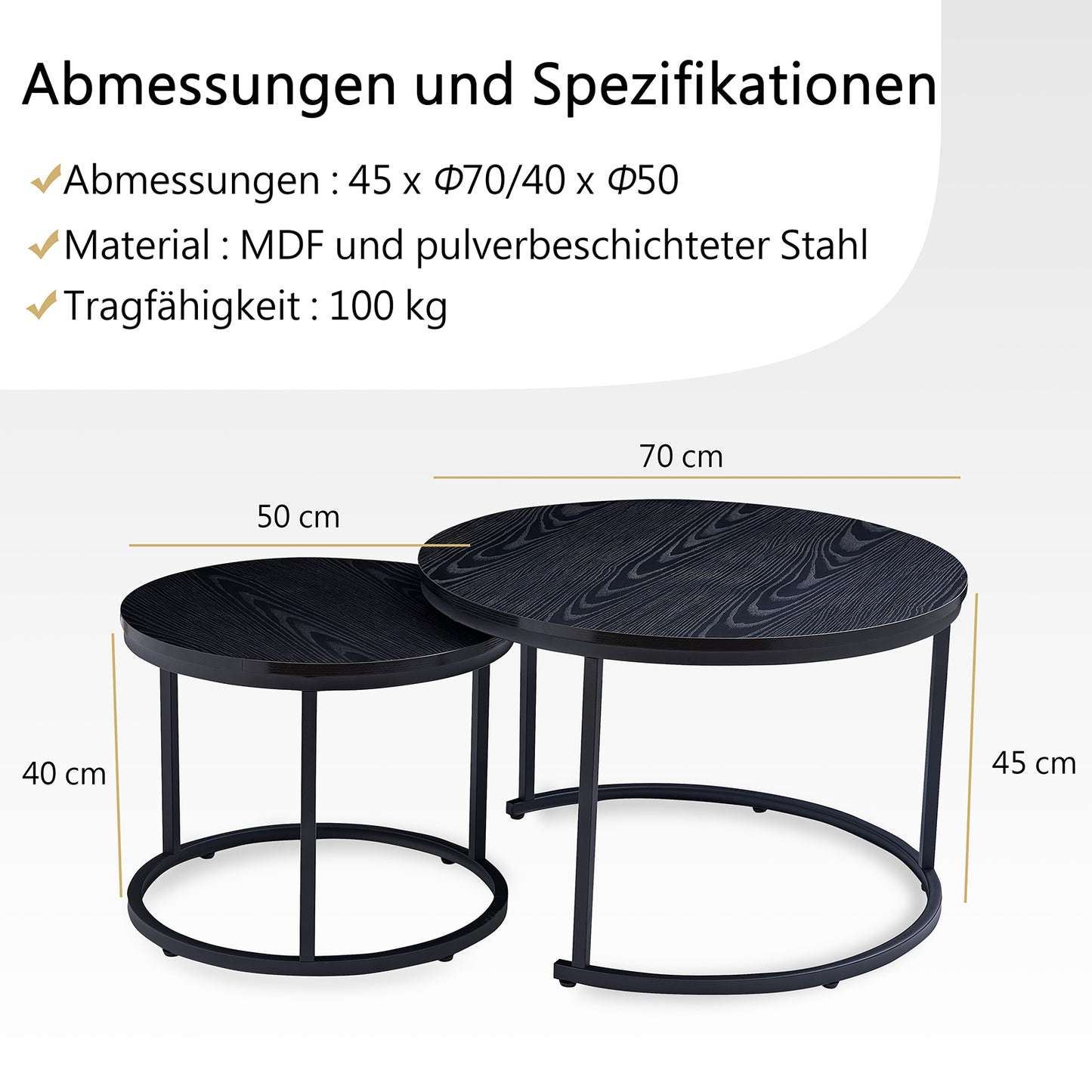 Home-Heaven® Salontafels Rond Zwart Hout Print – Bijzettafel Set Van 2 – Salon tafel Ø70cm & 50cm