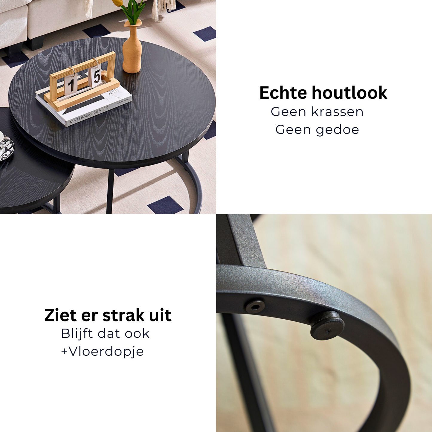 Home-Heaven® Salontafels Rond Zwart Hout Print – Bijzettafel Set Van 2 – Salon tafel Ø70cm & 50cm
