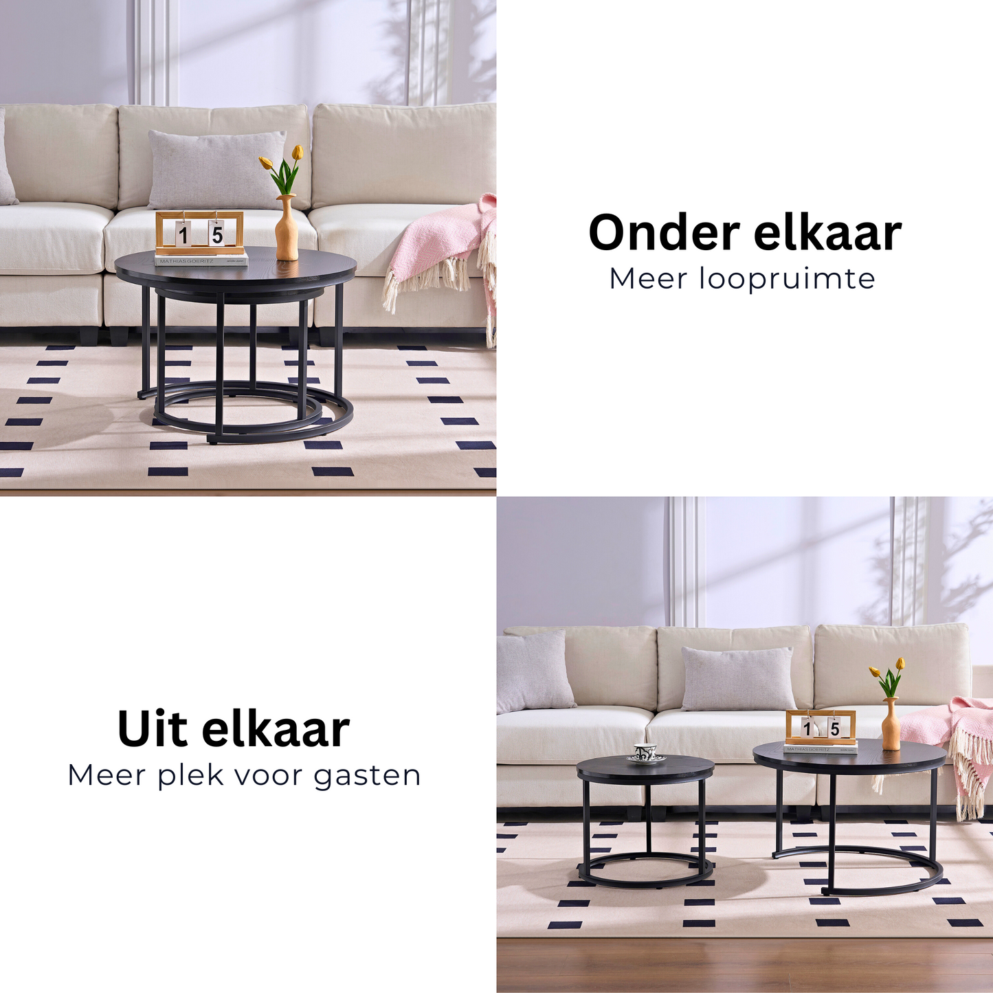 Home-Heaven® Salontafels Rond Zwart Hout Print – Bijzettafel Set Van 2 – Salon tafel Ø70cm & 50cm
