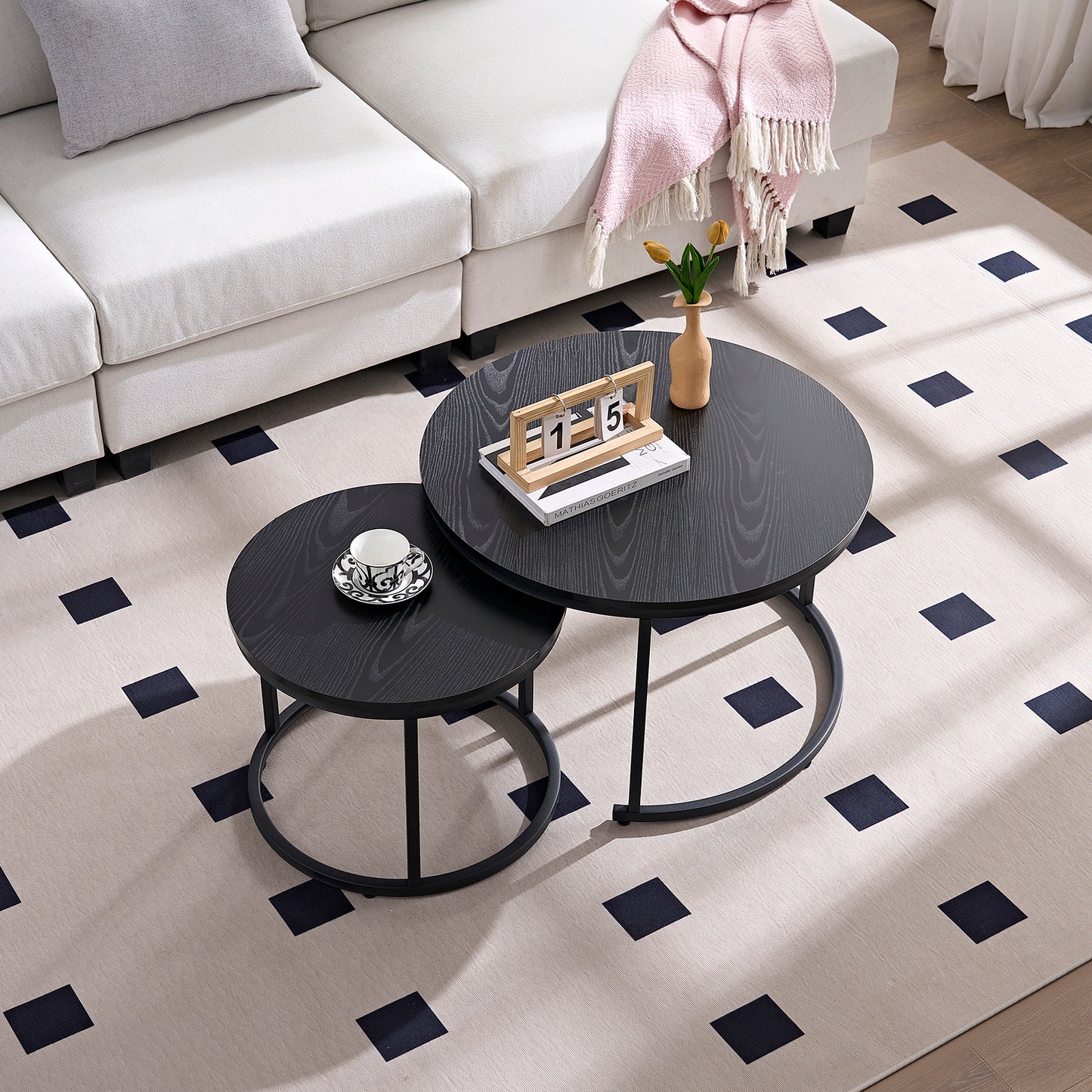 Home-Heaven® Salontafels Rond Zwart Hout Print – Bijzettafel Set Van 2 – Salon tafel Ø70cm & 50cm