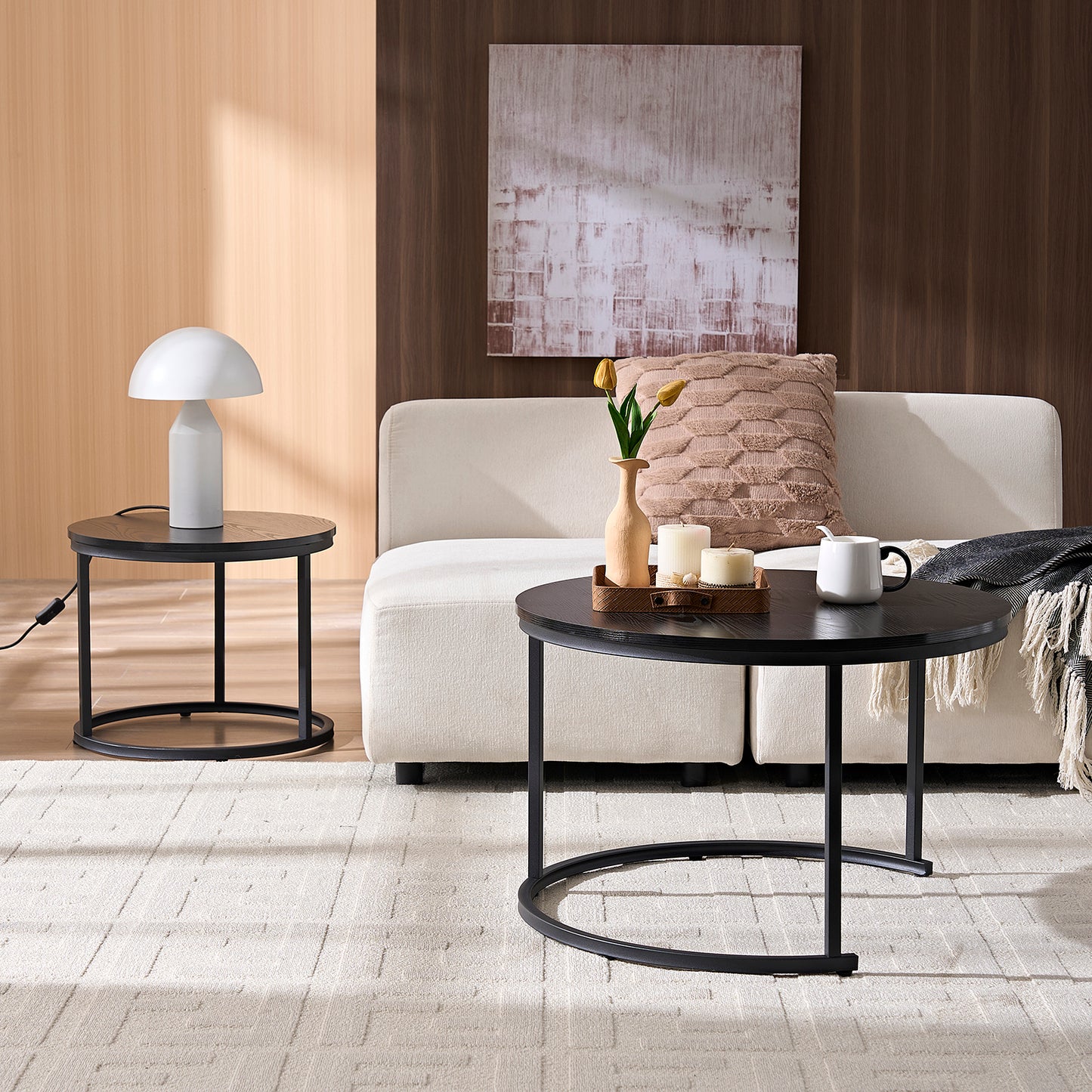 Home-Heaven® Salontafels Rond Zwart Hout Print – Bijzettafel Set Van 2 – Salon tafel Ø70cm & 50cm