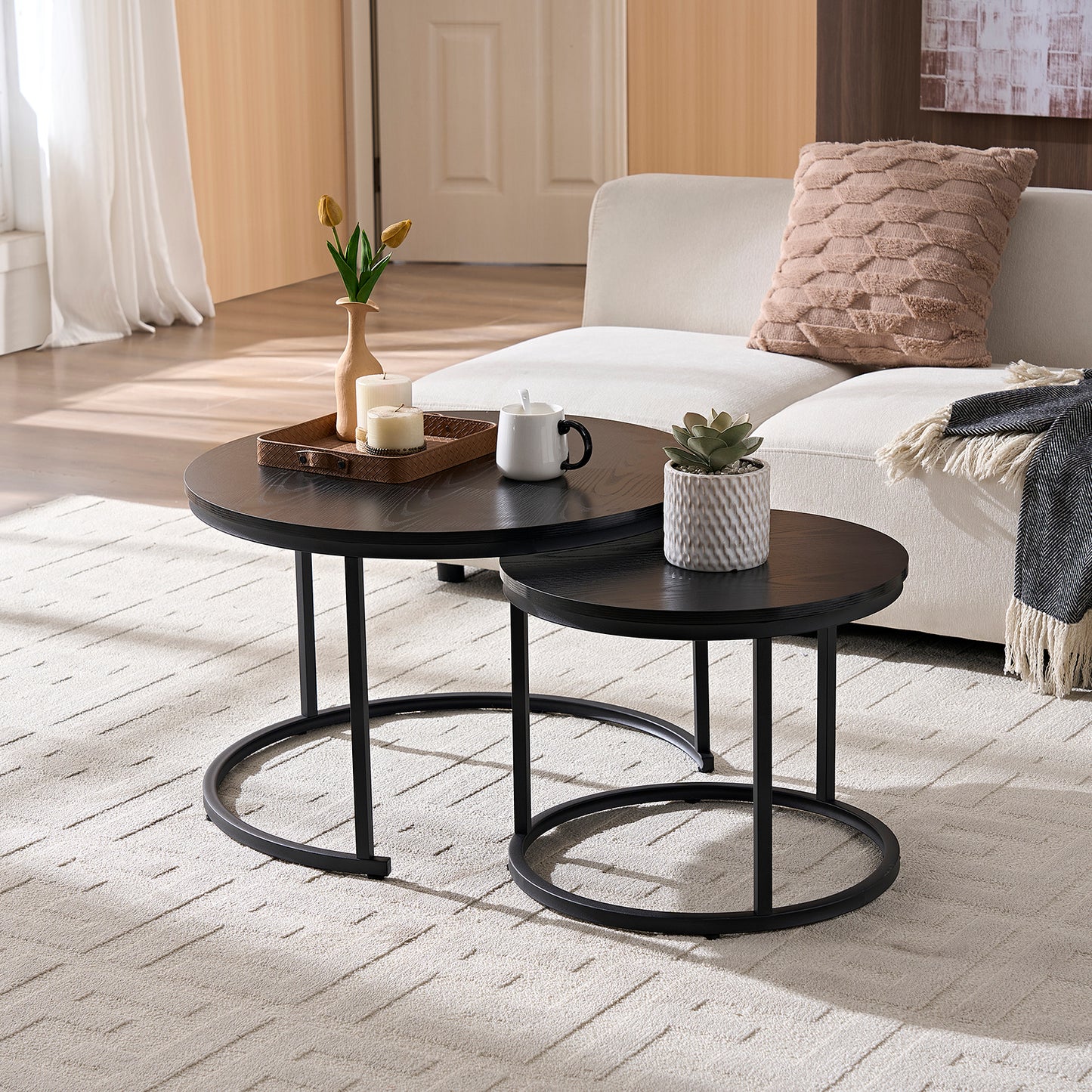 Home-Heaven® Salontafels Rond Zwart Hout Print – Bijzettafel Set Van 2 – Salon tafel Ø70cm & 50cm