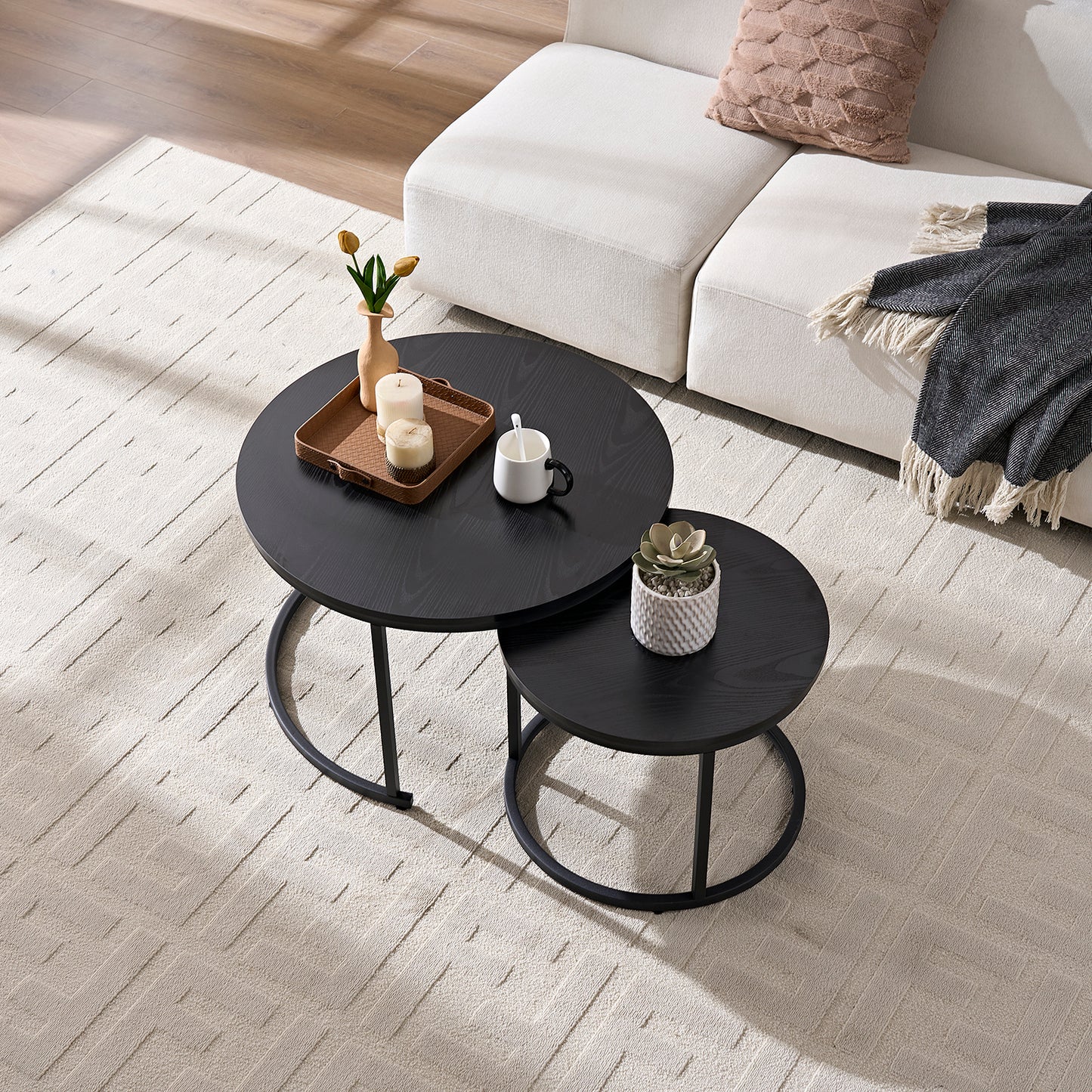 Home-Heaven® Salontafels Rond Zwart Hout Print – Bijzettafel Set Van 2 – Salon tafel Ø70cm & 50cm