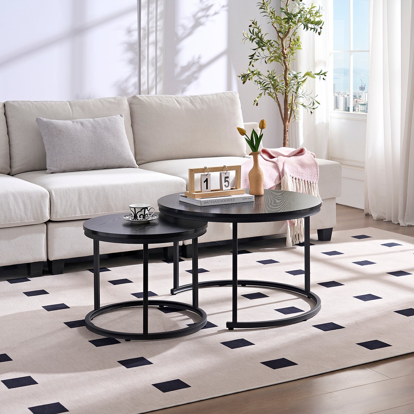 Home-Heaven® Salontafels Rond Zwart Hout Print – Bijzettafel Set Van 2 – Salon tafel Ø70cm & 50cm
