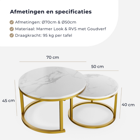 Salontafel rond goud met wit marmer look afmetingen 