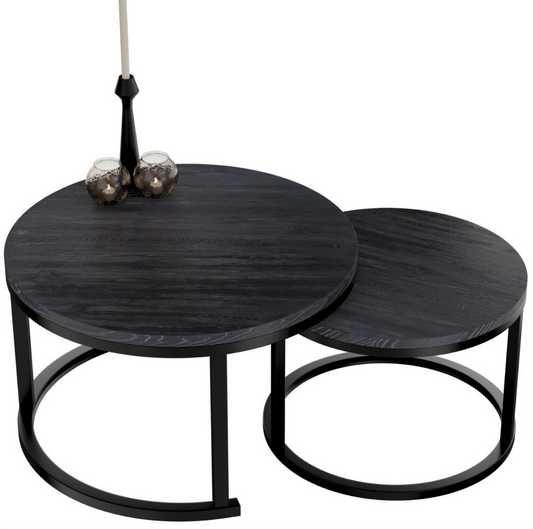 Home-Heaven® Salontafels Rond Zwart Hout Print – Bijzettafel Set Van 2 – Salon tafel Ø70cm & 50cm