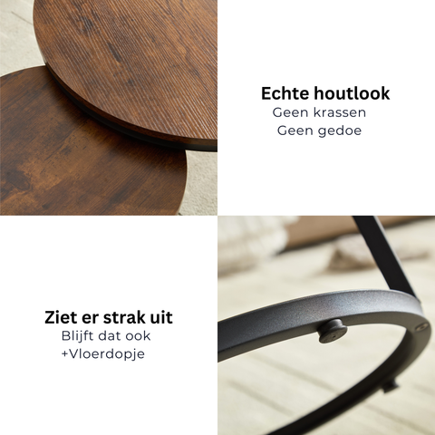 Home-Heaven® Salontafels Rond Bruin Hout Print – Bijzettafel Set Van 2 – Salon tafel Ø60cm & 40cm