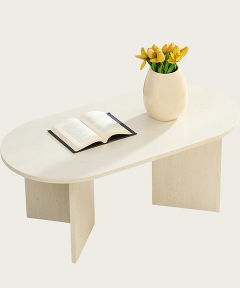 Home-Heaven® Salontafel Ovaal Rond Wit Travertine Steen Look - 100 x 50 x 40 cm (L x B x H)