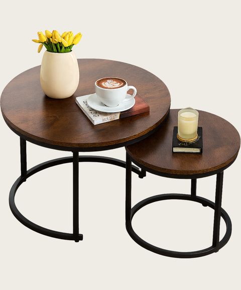 Home-Heaven® Salontafels Rond Bruin Hout Print – Bijzettafel Set Van 2 – Salon tafel Ø60cm & 40cm