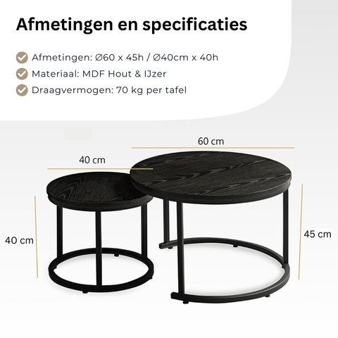 Salontafel Rond met Zwart Hout Print 60cm