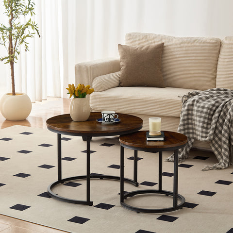 Home-Heaven® Salontafels Rond Bruin Hout Print – Bijzettafel Set Van 2 – Salon tafel Ø60cm & 40cm