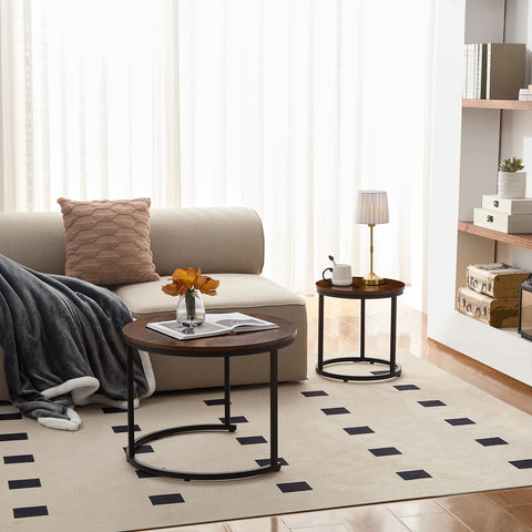 Home-Heaven® Salontafels Rond Bruin Hout Print – Bijzettafel Set Van 2 – Salon tafel Ø60cm & 40cm