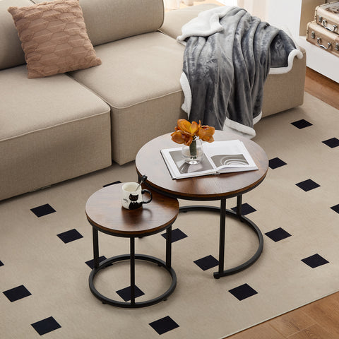 Home-Heaven® Salontafels Rond Bruin Hout Print – Bijzettafel Set Van 2 – Salon tafel Ø60cm & 40cm