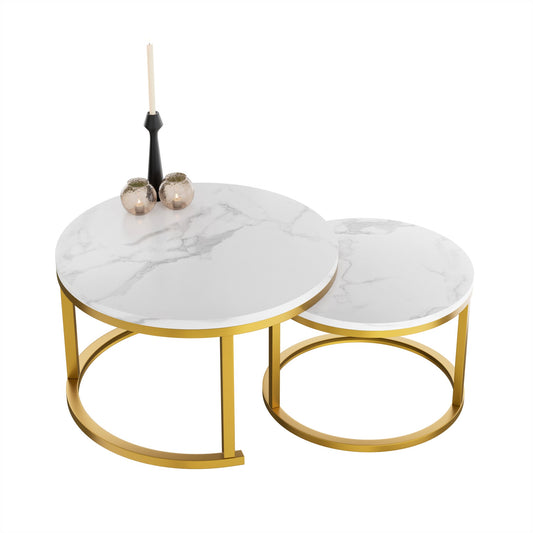 Salontafel Goud met Wit Marmerlook tafelblad - Ø70 & Ø50